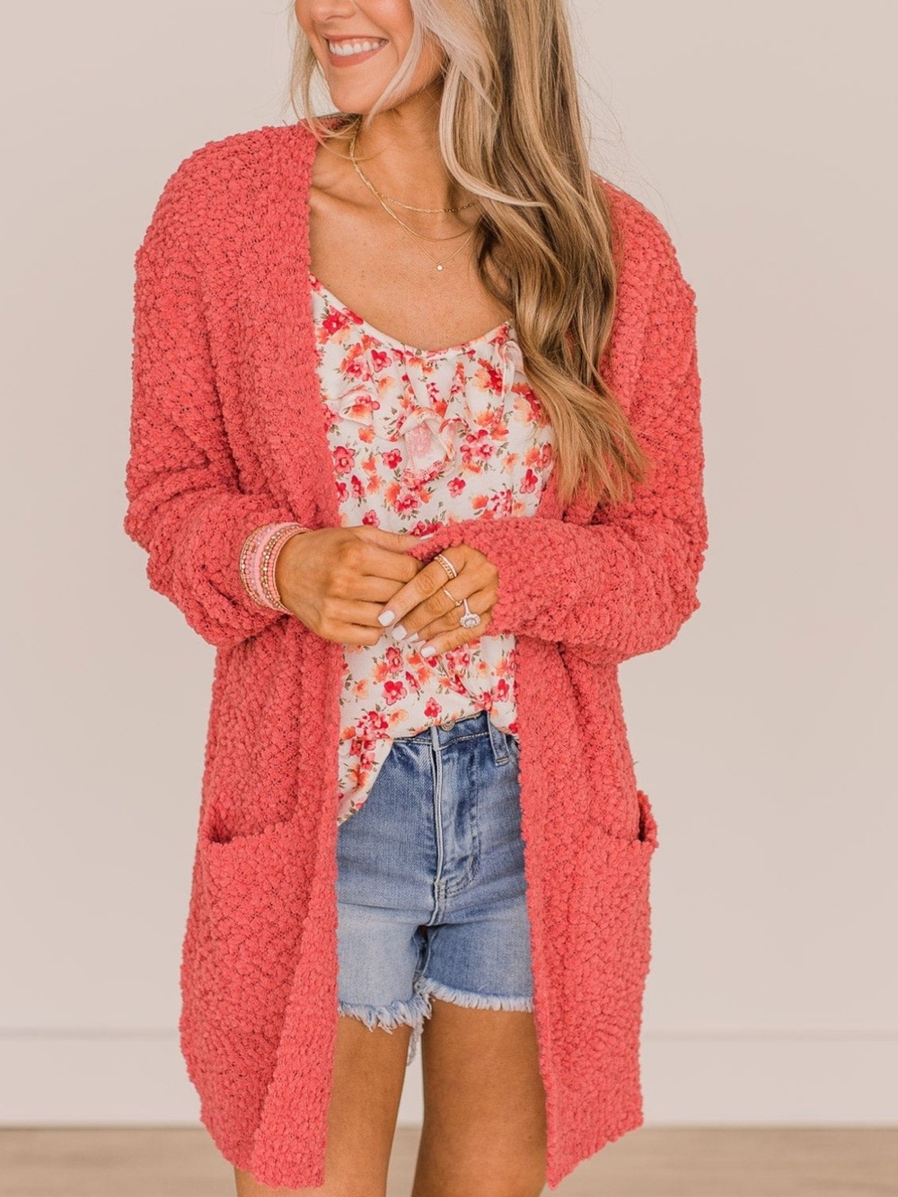 The Pulse Boutique Open-Front Popcorn Knit Cardigan in Coral Pink M/L